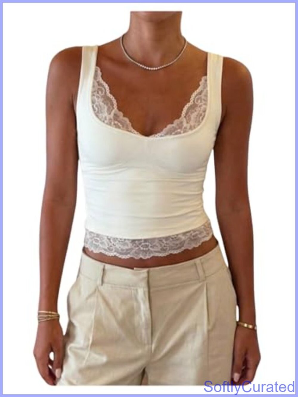 Lace Trim Square Neck Ribbed Slim Fit Tank Top Sleeveless Y2K Layering Top